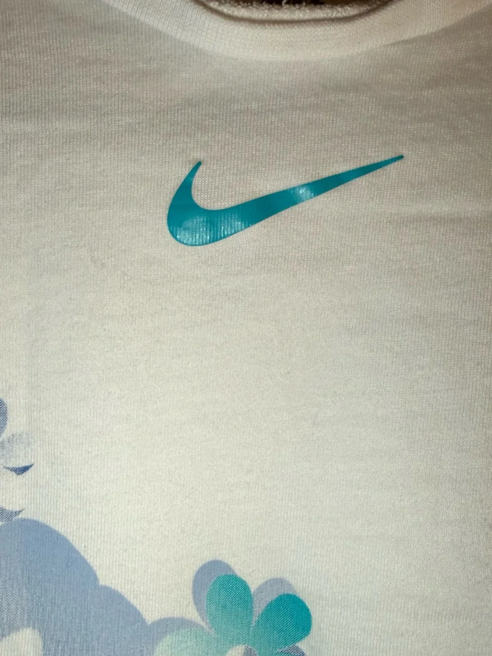 Nike White Crop Tee with Blue Floral Swoosh